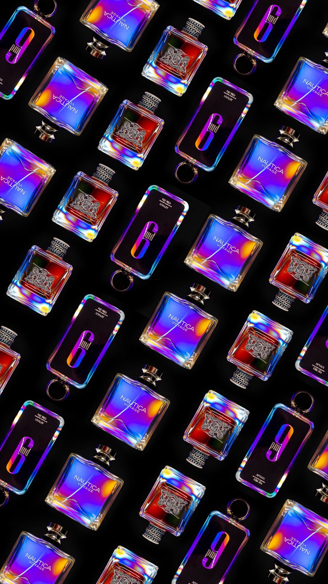 Multiple colorful perfume bottles and car keychains with the number 6 on a dark background taken using cross-polarization
